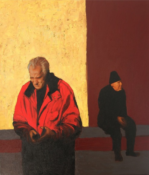 Tomas Watson, Two Men, Monastiraki, 2019, Oil on canvas, 27 1/2" x 23 3/5"