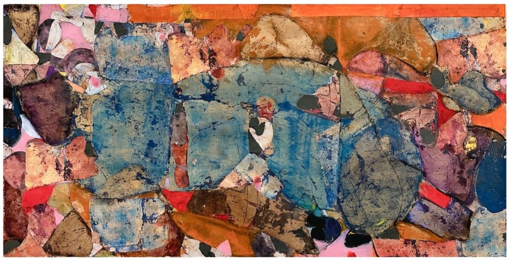 Robert Szot, The Less We Say About It The Better, 2024, Collage and mixed media on paper, 18&quot; x 36 1/2&quot; at Anita Rogers Gallery