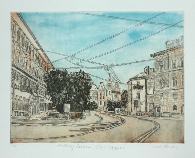 Valerie Storosh. Svobody Avenue, L'viv Ukraine. 2023. Etching and chine collé. 9" x 12" at Anita Rogers Gallery
