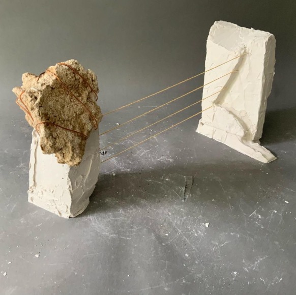 Mark Webber, Untitled, 2020, Hydrocal, stone, copper wire and string, 14 1/2" x 5 1/2" x 5 3/4" at Anita Rogers Gallery