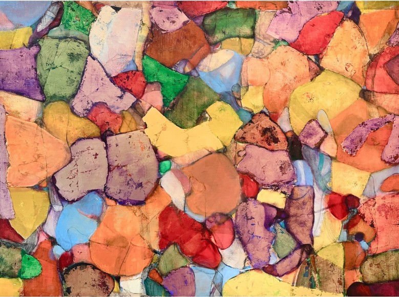 Robert Szot, Soft Story, 2024, Oil, metal leaf and charcoal on linen, 52&quot; x 70&quot; at Anita Rogers Gallery