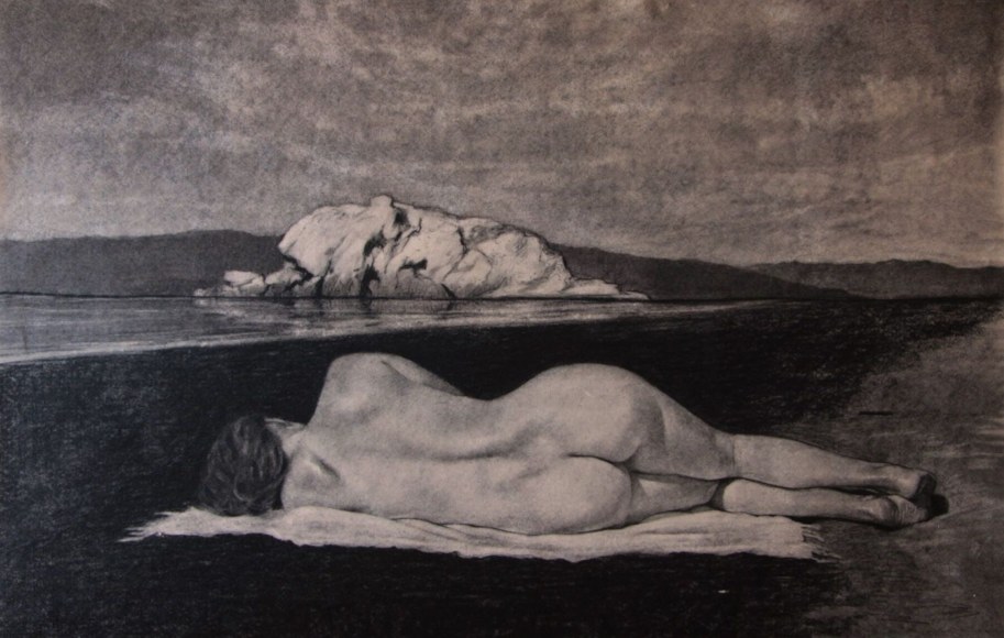 Tomas Watson, The Rock, 2020, Charcoal on paper mounted on canvas, 19 1/2" x 27 1/2"