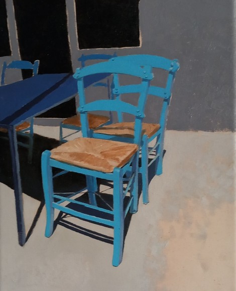 Tomas Watson, Blue Chairs, 2023, Oil on canvas, 19 3/5" x 23 3/5"