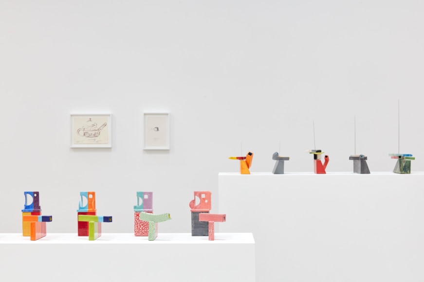 Installation view of &quot;Peter Shire: Drawings, Impossible Teapots, Furniture &amp; Sculpture&quot; at Kayne Griffin Corcoran, Los Angeles