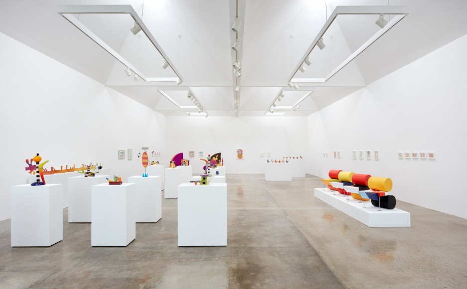 Installation view of &quot;Peter Shire: Drawings, Impossible Teapots, Furniture &amp; Sculpture&quot; at Kayne Griffin Corcoran, Los Angeles