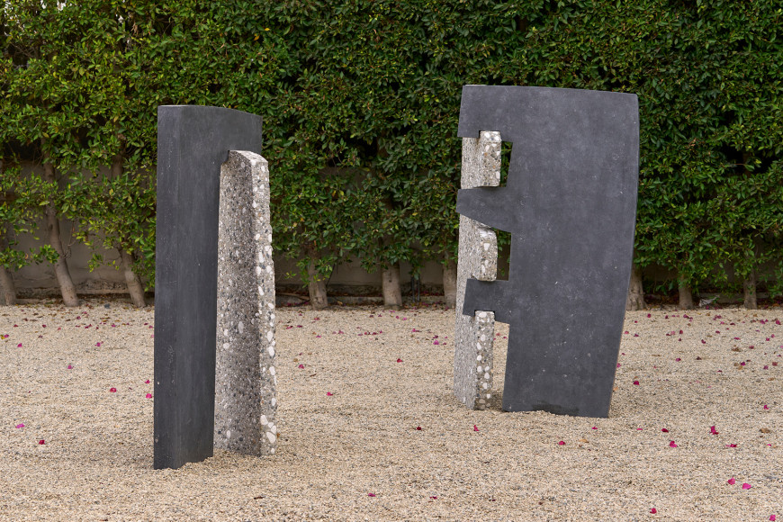 Courtyard view of &quot;Sam Moyer: Good Friend,&quot; 2021, at Kayne Griffin, Los Angeles