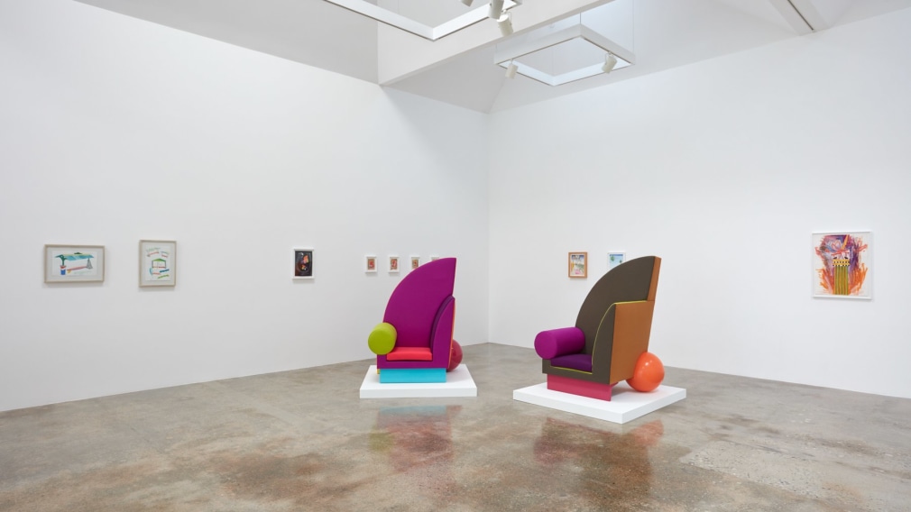 Installation view of &quot;Peter Shire: Drawings, Impossible Teapots, Furniture &amp; Sculpture&quot; at Kayne Griffin Corcoran, Los Angeles