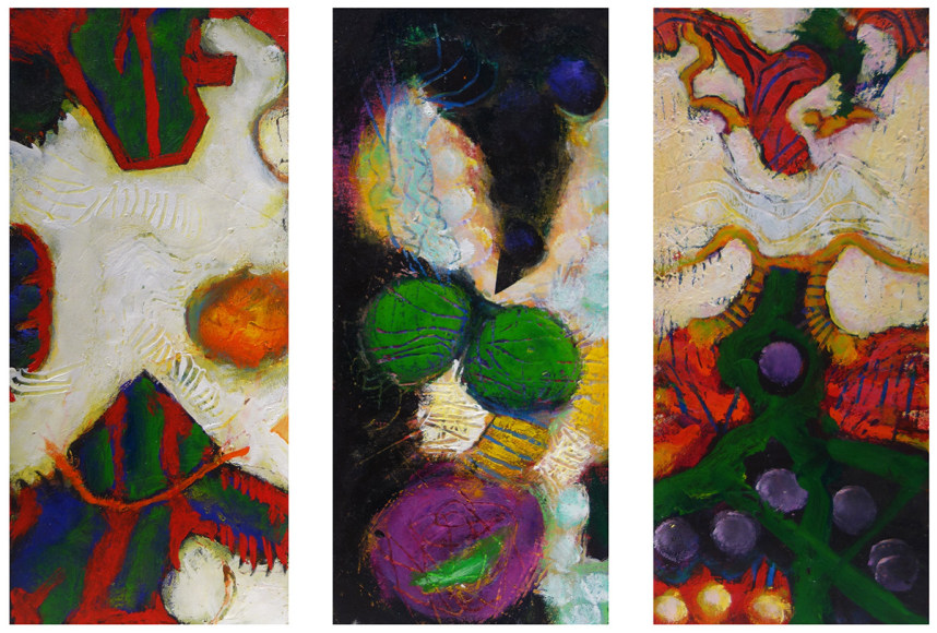 William Scharf, Green Grew the Moss Dew, Blond Lack, Wing Totem (From left to right), 2001, 2002, 2000 (From left to right)