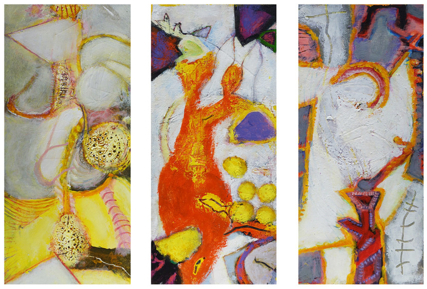 William Scharf, The Night Mare's Acrobat, 5 Loaves + 2 Fish = 7, Quaternity in White (From left to right), 2000, 2002, 2000 (From left to right)
