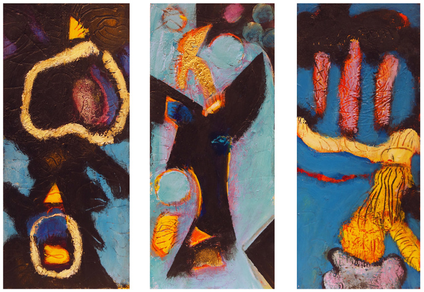 William Scharf, The Thermometer's Wedding, Another End of Dark, Gold Henge (From left to right), 2006