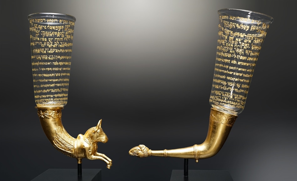The Moses Cup II &amp;amp; III, 2019, hand-blown glass vessel with engraved text in-filled with 23-karat gold, 23-karat gold leafed, vintage replica rhyton and steel base