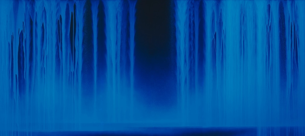 Hiroshi Senju, Falling Water (Byobu Screen), 2013, acrylic and fluorescent pigments on Japanese mulberry paper, 168 x 372 cm (66.1 x 146.5 inches)