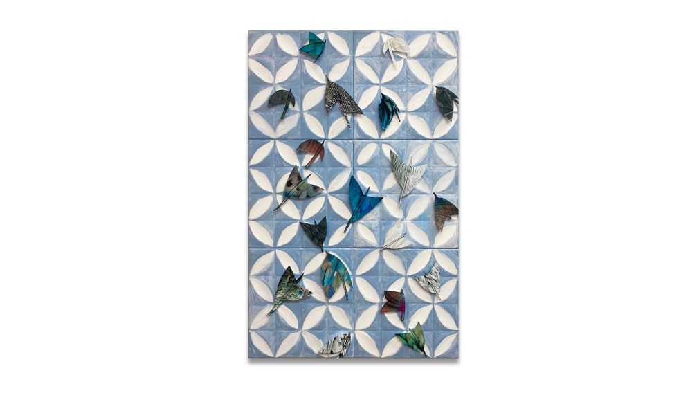 Feathers Fly, 2021, cut photo paper mounted on foam, glued on acrylic on Styrofoam ceiling tiles, mounted on Masonite, 150 x 100 x 4 cm (59 x 39.3 x 1.8 inches)