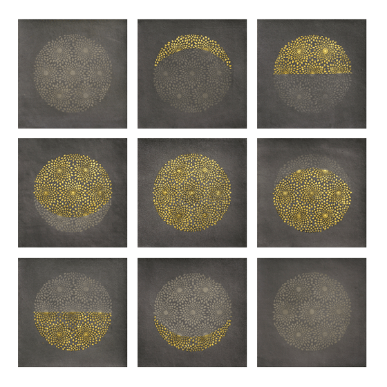 , I Am the Moon, 2015, stone pigment, Arabic gum and gold leaf on handmade Sanganer paper, 9 panels, 14 x 14 inches/35.5 x 35.5 cm each