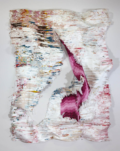 Kenny Nguyen, Deconstructions No. 1, 2024, hand-cut silk fabric, acrylic paint, canvas, mounted on wall, 231.1 x 177.8 cm (91 x 70 inches)