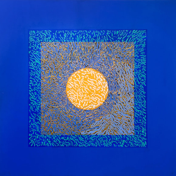 Lee Waisler, Blue Mandala, 2025, acrylic, wood & gesso on canvas