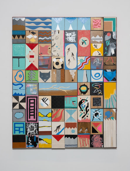 Matthew Kirk, Same Time, Same Place, 2023, mixed media on Target paper, canvas, cedar, Coroplast, cotton, leather and Masonite, 152.4 x 122 cm (60 x 48 inches)