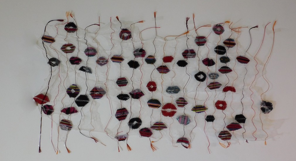 Maria Madeira, Silence, 2023, tais (traditional East Timorese cloth), mosquito net, cotton, glue, sealer, 82 x 120 cm (32.3 x 47.2 inches) Photo courtesy of the artist and Anna Schwartz Gallery