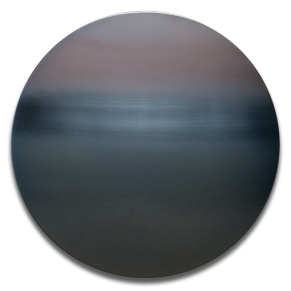 Miya Ando, Blue Taupe Mandala, 2017, dye, pigment, resin and&nbsp;urethane on stainless steel, diameter: 40 inches/101.6 cm
