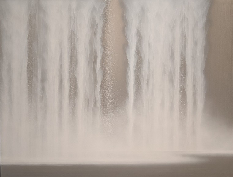 Hiroshi Senju, Waterfall, 2021, natural pigments and platinum on Japanese mulberry paper mounted on board, 112 x 145.5 cm (44.125 x 57.3 inches)