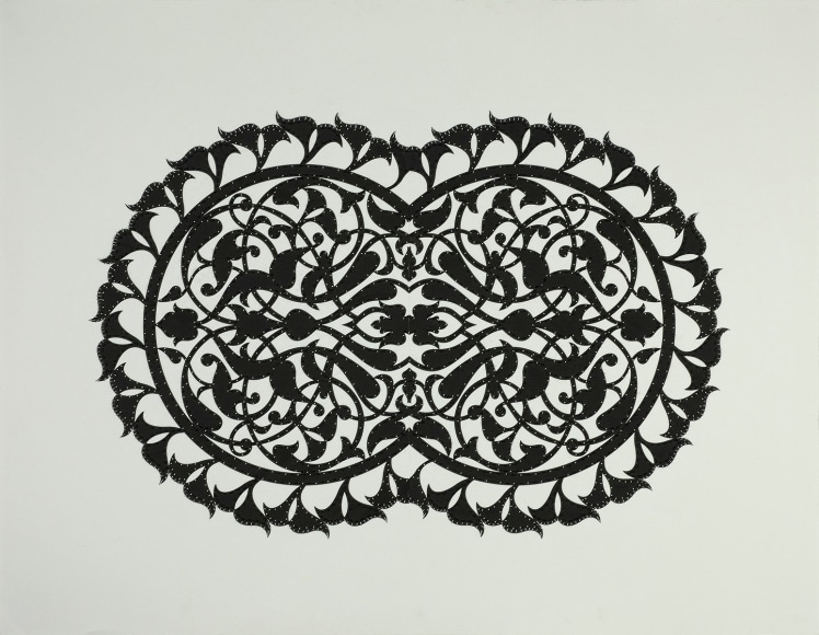 Black and White, 2021, encaustic, cut paper, embroidery and beads on paper, 29.75 x 38.5 inches/75.6 x 97.8 cm