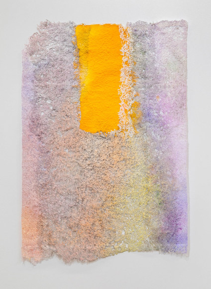 Neha Vedpathak, Rare Visit, 2022, plucked Japanese handmade paper, acrylic paint, thread, acrylic polymer, 90  x 61 centimeters (35 x 24 inches)