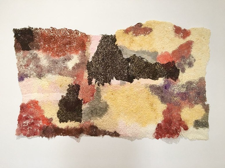 Neha Vedpathak, Of the Land, 2018, handmade paper, acrylic paint, thread, 76.2 x 129.5 centimeters (30 x 51 inches)