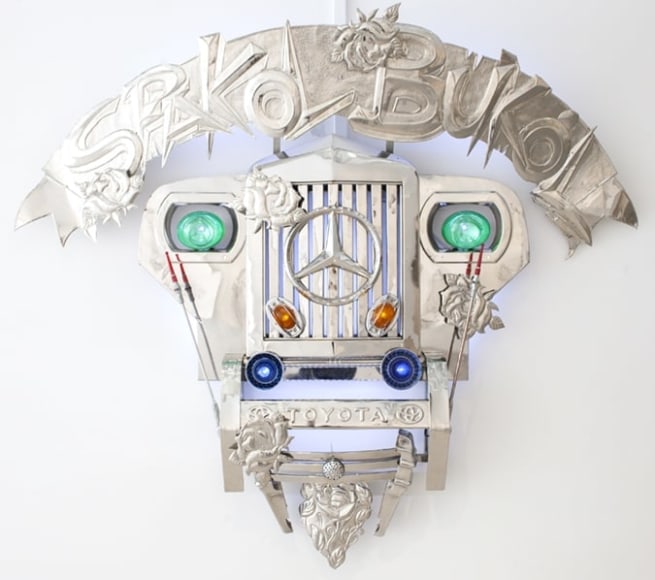 Alfredo and Isabel Aquilizan, Transformers I (Spakol-Bukol), 2010, stainless steel, Jeep parts and LED lights, 152.4 x 172.7 x 33 cm (60 x 68 x 13 inches)