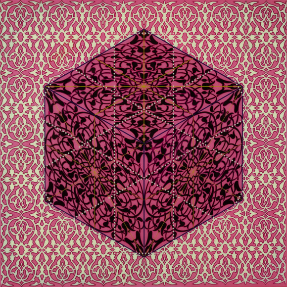 Anila Quayyum Agha, Paradise (Mughal Gardens/Patterned Cube) II, 2022, resin, 119.4 x 119.4 cm (47 x 47 inches)