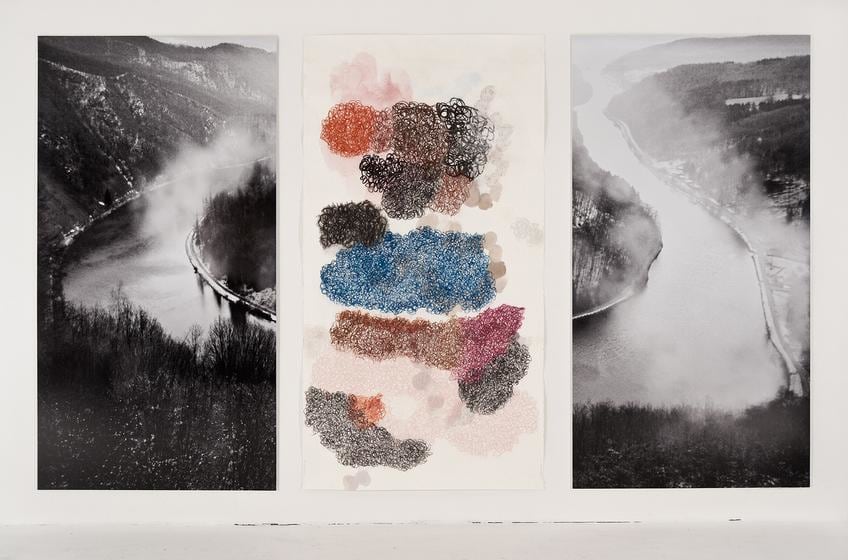 , The Saar (and Subjectivity) Section 2, 2014, one work on paper, one photograph, 84 x 145 inches/213 x 368 cm