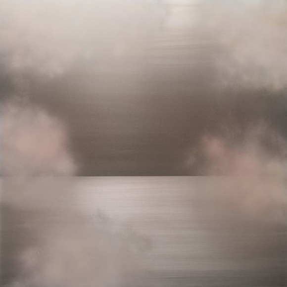 Miya Ando, Tasogare Peach Pink Yellow, 2018, dye, pigment, resin, silver &amp; urethane on aluminum, 152.4 x 152.4 cm (60 x 60 inches)