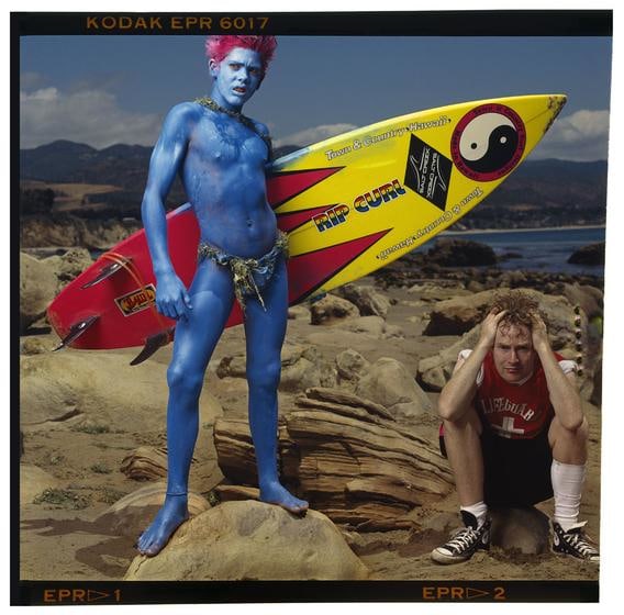 , Annie Leibovitz, Malcolm McLaren and Christian Fletcher, Point Dume, California, 1985, archival pigment print, 30.5 x 30.5 inches/77.5 x 77.5 cm/ &copy; Annie Leibovitz