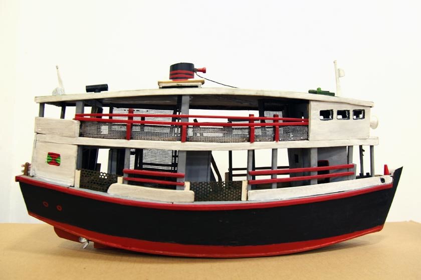 , Aung Ko, The Spirit of the River, 2015, mixed-media model boat, 9.4 x 18.9 x 5.9 inches/24 x 48 x 15 cm, part of a video and mixed-media installation with Nge Lay