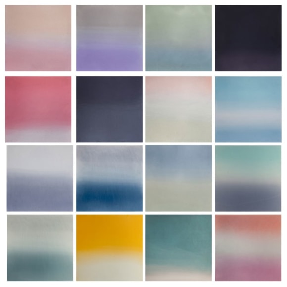 Sui Getsu Ka (Water Moon Flower), 2013, hand dyed anodized aluminum, 16 pieces 12 x 12 inches each