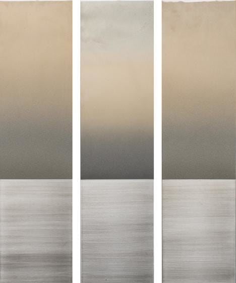 , Faint Gold Gray Triptych, 2016, pigment, urethane and resin on aluminum, 48 x 38 inches/122 x 96.75 cm