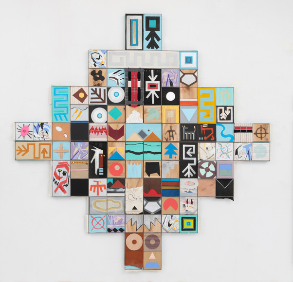 Matthew Kirk, Spirit Raiser, 2023, acrylic, oil and graphite on Tar paper, cedar, Coroplast, Sheetrock, woven into steel mesh and mounted on panel, 213.4 x 213.4 cm (84 x 84 inches)