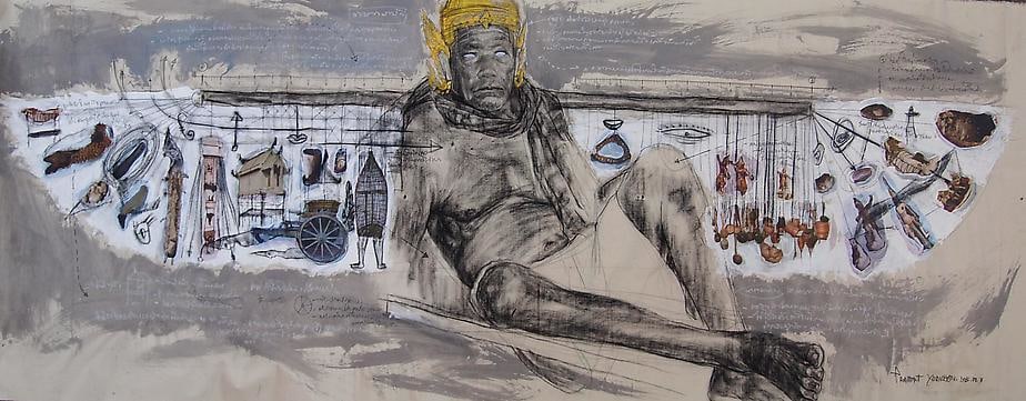 Prasert Yodkaew, Faerie (Angel), 2013, drawing and collage on canvas, 75 x 190 cm