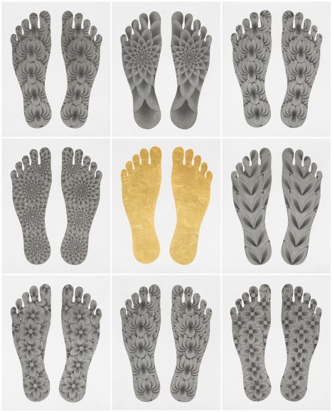 Olivia Fraser, Pilgrimage, 2021, stone pigments, Arabic gum & gold leaf on handmade paper, 80 x 64.8 cm (31.5 x 25.5 inches)