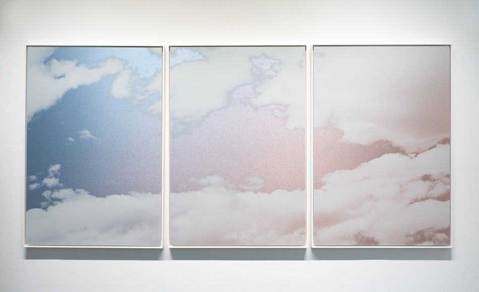 Boun (Twilight Cloud) Triptych October 2 2021 6:18 AM Tokyo, 2021, ink on aluminum composite, 60 x 124 inches/152.4 x 315 cm