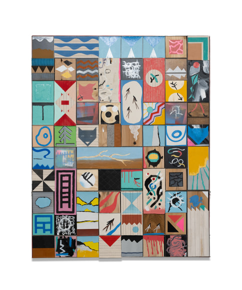 Matthew Kirk, Same Time, Same Place, 2023, mixed media on Target paper, canvas, cedar, Coroplast, cotton, leather and Masonite, 152.4 x 122 cm (60 x 48 inches)