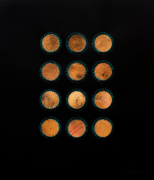 From Above 7, 2022, mixed media on paper (paper cutouts and embroidery with blue green metallic thread), 23 x 20 inches/58.4 x 50.8 cm