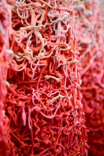 , Jane Lee, Solid Turn Liquid (detail), 2015, mixed media on fiberglass canvas and poured enamel, in three parts, dimensions vary with installation