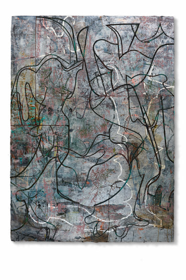 Noah Post, Elevated Company, 2016, plaster, pigment, ink, acrylic and collage on panel, 84 x 60 inches/213 x 152 cm