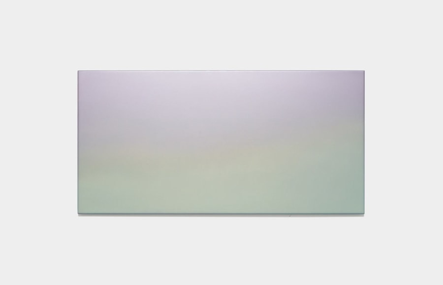 Miya Ando, Iris Flower Layers (Kakitsubata), dye, pigment, resin &amp; urethane on aluminum, 61 x 122 cm (24 x 48 inches)