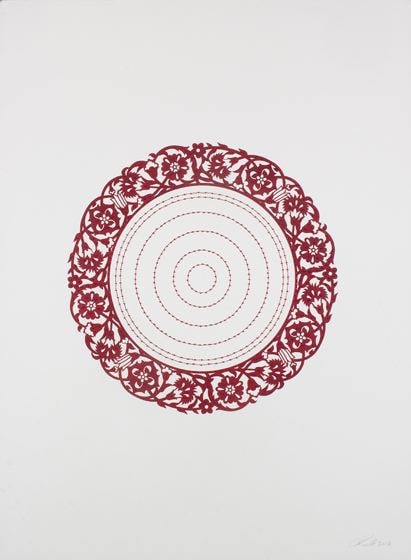 Anila Quayyum Agha, Flowers (Dark Red), 2017, mixed media on paper (encaustic dark red circle with dark red beading in center), 76.2 x 55.9 cm (30 x 22 inches)