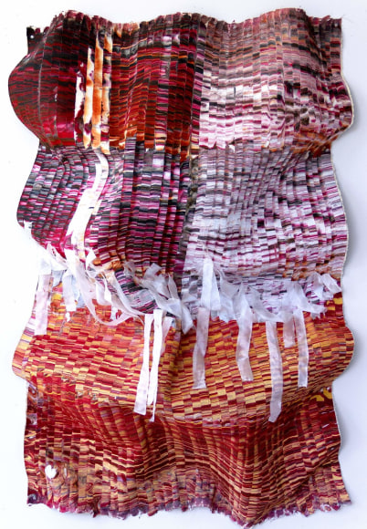 Kenny Nguyen, Motherland No. 10, 2023, hand-cut silk fabric, acrylic paint, canvas, mounted on wall, 60 x 40 inches/152.4 x 101.6 cm