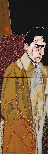 Lee Waisler, Hershcel Grynszpan, 2008, Acrylic, sand, glass and wood on canvas, 72 x 24"