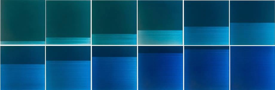 , Miya Ando, Blue Tides, 2015, dye, urethane, resin on aluminum, 24 x 72 inches