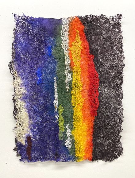 Neha Vedpathak, The way they bend, 2022, plucked Japanese handmade paper, acrylic paint, thread, acrylic polymer, 83.8 x 68.6 cm (33 x 27 inches)