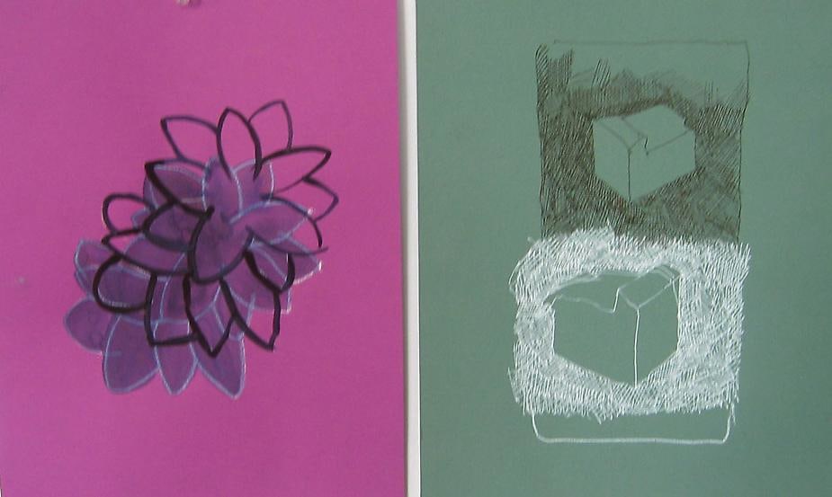 Blossom/Stone Stone, 2006, ink, chalk, gouache on colored paper, 15.5 x 23 inches